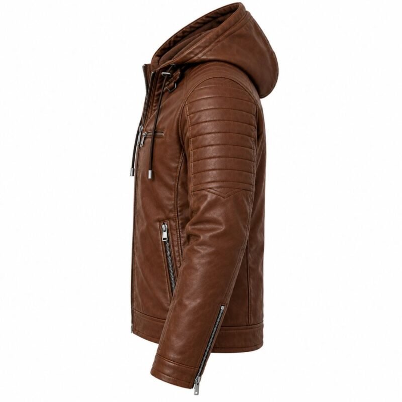 Ravenwood Brown Hooded Leather Jacket showing its side profile, quilted sleeve panels, structured hood, angled pocket, stitched leather construction, and cuff zipper.