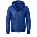 Royal blue leather hooded bomber jacket with zip pockets and ribbed cuffs