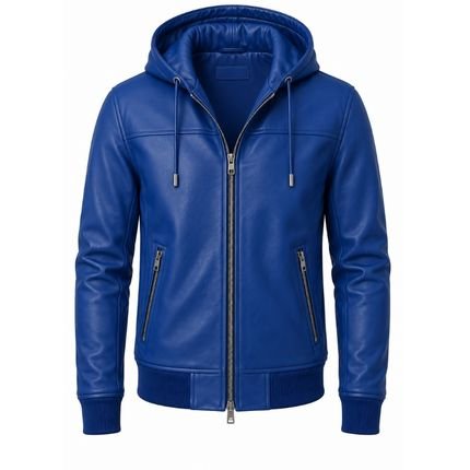 Royal blue leather hooded bomber jacket with zip pockets and ribbed cuffs