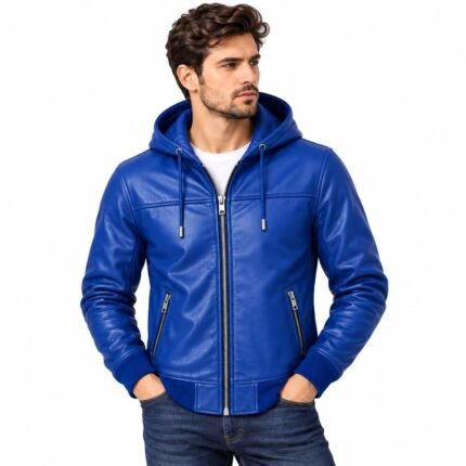 Royal Blue leather hooded jacket with drawstring hood and silver zipper