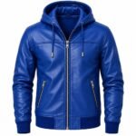 Royal Blue leather hooded jacket with paneled stitching, ribbed cuffs and zippered pockets