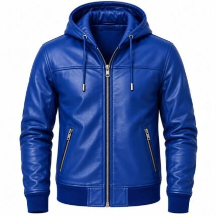 Royal Blue leather hooded jacket with paneled stitching, ribbed cuffs and zippered pockets