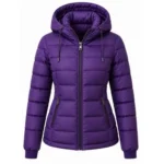 Royal Plum women’s hooded quilted puffer jacket with front zipper, zippered pockets, and stylish winter design.