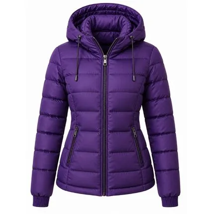 Royal Plum women’s hooded quilted puffer jacket with front zipper, zippered pockets, and stylish winter design.