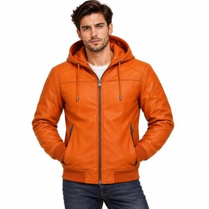 Rusthaven burnt orange leather jacket with drawstring hood, center zipper and zippered pockets