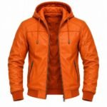 Burnt orange hooded leather jacket with matching lining, ribbed cuffs and practical pockets