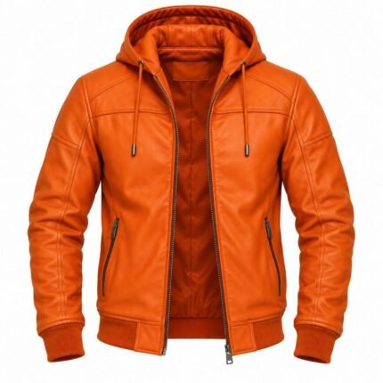 Burnt orange hooded leather jacket with matching lining, ribbed cuffs and practical pockets