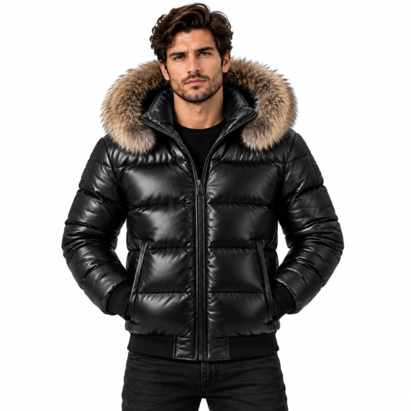 Black leather puffer jacket with a brown fur-trimmed hood, horizontal quilted panels, full front zipper, welt pockets, ribbed cuffs, and ribbed hem.