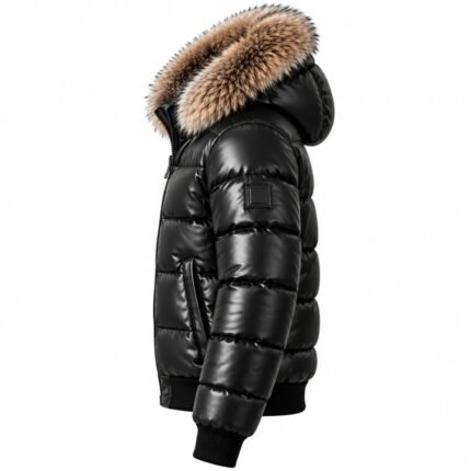 Black leather puffer jacket showing side construction, horizontal quilted sleeve, fur-trimmed hood, side pocket, padded body, and ribbed cuff.
