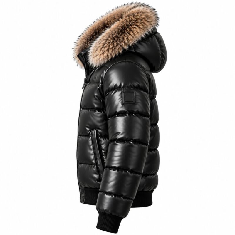 Black leather puffer jacket showing side construction, horizontal quilted sleeve, fur-trimmed hood, side pocket, padded body, and ribbed cuff.