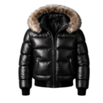 Shadow Vanguard Black Leather Puffer Jacket with Fur-Trimmed Hood