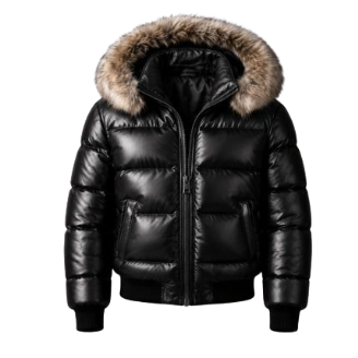 Shadow Vanguard Black Leather Puffer Jacket with Fur-Trimmed Hood