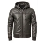 Stylish grey leather hooded jacket with zip pockets, ribbed cuffs, modern bomber design, and full front zipper for men.