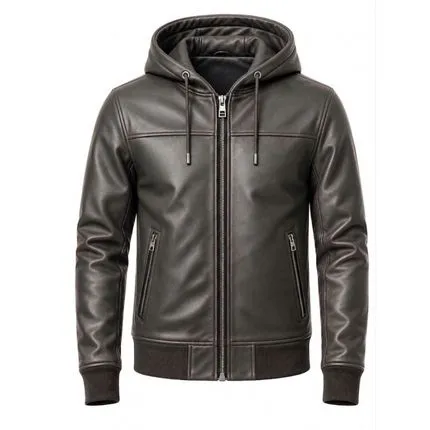 Stylish grey leather hooded jacket with zip pockets, ribbed cuffs, modern bomber design, and full front zipper for men.