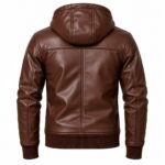 Urban Maverick brown leather jacket with structured hood, stitched back panels and ribbed hem