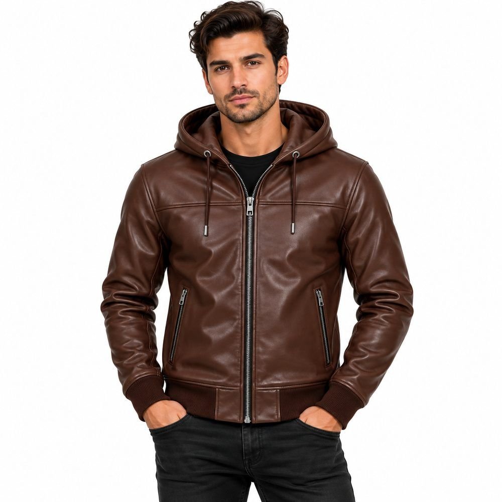 urban-maverick-brown-leather-hooded-jacket Urban Maverick brown leather hooded jacket with drawstring hood and zippered pockets