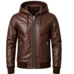 Urban Maverick Brown Leather Hooded Jacket with premium leather finish, front zipper, hood, and practical zippered pockets.