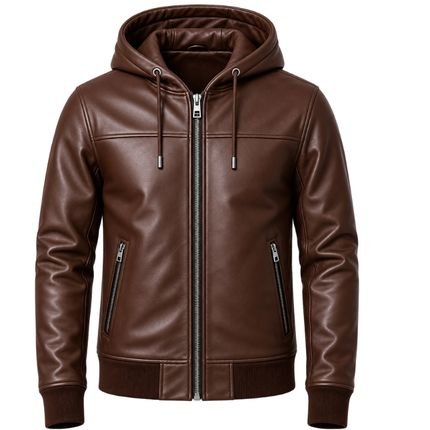 Urban Maverick Brown Leather Hooded Jacket with premium leather finish, front zipper, hood, and practical zippered pockets.