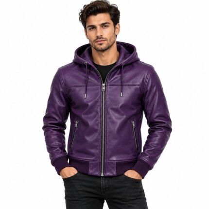 Urban Purple leather hooded jacket with structured hood, stitched back panels and ribbed hem