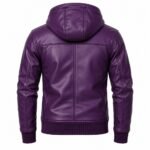Urban Purple leather hooded jacket with structured hood, stitched back panels and ribbed hem