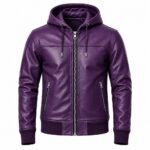 Purple leather hooded jacket featuring ribbed cuffs, paneled stitching and angled zippered pockets