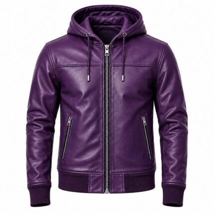 Purple leather hooded jacket featuring ribbed cuffs, paneled stitching and angled zippered pockets