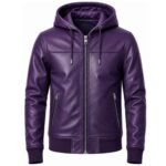 Purple hooded leather jacket with front zipper and zippered pockets