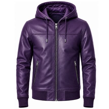 Purple hooded leather jacket with front zipper and zippered pockets