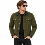 Men's olive green suede jacket with black leather collar, silver buttons, and chest pockets