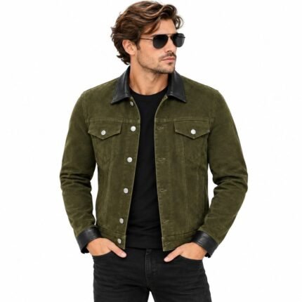 Men's olive green suede jacket with black leather collar, silver buttons, and chest pockets