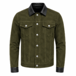Olive green suede jacket with black leather collar and cuffs, front open design, premium men’s fashion jacket on white background.