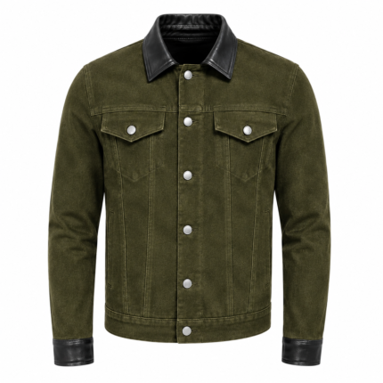 Olive green suede jacket with black leather collar and cuffs, front open design, premium men’s fashion jacket on white background.