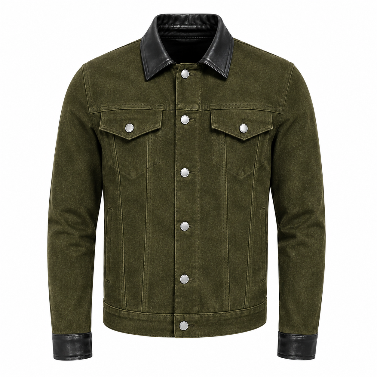 verdant-force-premium-suede-jacket.jpg Olive green suede jacket with black leather collar and cuffs, front open design, premium men’s fashion jacket on white background.
