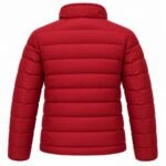 VOLT Red Puffer Jacket showing its padded back, raised collar, horizontal quilted panels, structured shoulders, long sleeves, and clean hem.