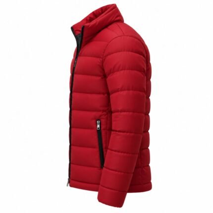 VOLT Red Puffer Jacket showing the side construction, raised collar, quilted sleeve, vertical zippered pocket, front zipper, and padded hem.