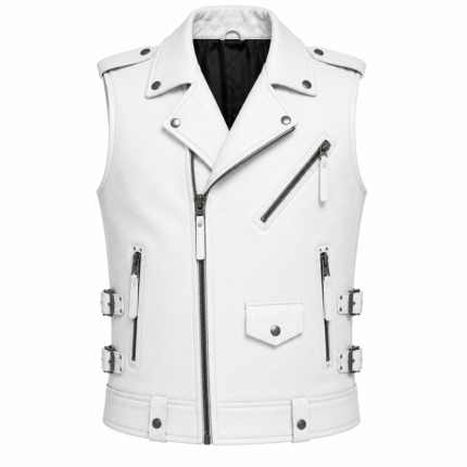 Men’s White Leather Motorcycle Waistcoat