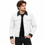 Man wearing a white suede jacket with black leather collar and cuffs, silver snap buttons, and chest pockets