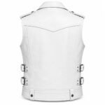 Rear of the Whiteout Leather Vest showing a clean white leather panel, stitched V-shaped back yoke, shoulder epaulets, and adjustable side buckles