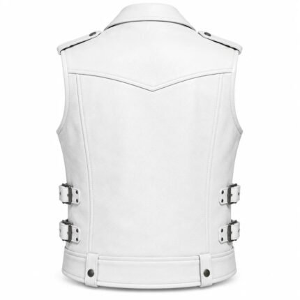 Rear of the Whiteout Leather Vest showing a clean white leather panel, stitched V-shaped back yoke, shoulder epaulets, and adjustable side buckles