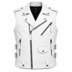 White men’s leather biker vest with diagonal front zipper, silver zippered pockets, snap-button lapels, and side buckle straps