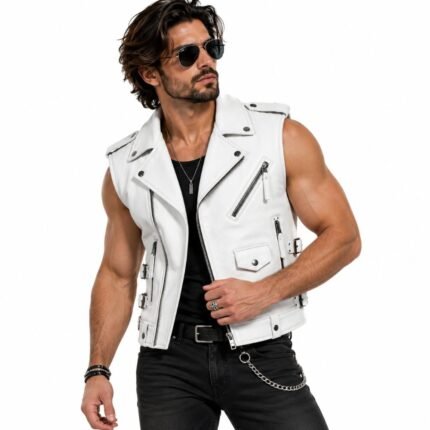 Whiteout Leather Vest for men featuring white leather, silver-tone zippers, notched lapels, shoulder epaulets, and adjustable waist buckles