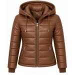 Women’s classic brown hooded puffer winter jacket with quilted design and zip pockets