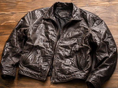  Wrinkled brown leather jacket spread on a wooden surface, showing deep creases and folds.
