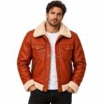 Cinder rust leather bomber jacket with cream collar and button closure