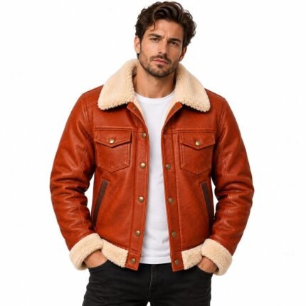 Cinder rust leather bomber jacket with cream collar and button closure