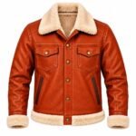 Cinder rust leather bomber jacket with structured back and cream trim