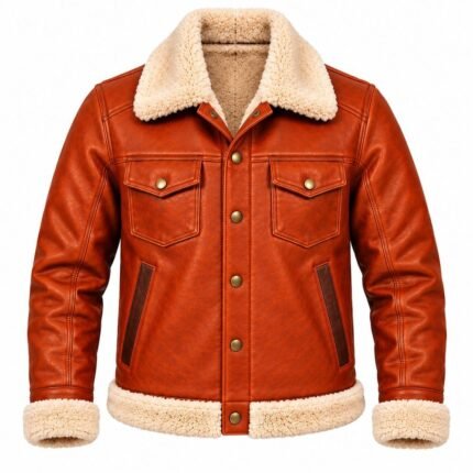 Cinder rust leather bomber jacket with structured back and cream trim