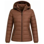 Cocoa Luxe Women’s Brown Hooded Puffer Jacket with premium quilted design and stylish winter outerwear finish.