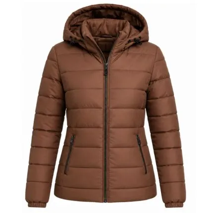 Cocoa Luxe Women’s Brown Hooded Puffer Jacket with premium quilted design and stylish winter outerwear finish.