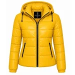 Golden Apex women’s yellow hooded puffer jacket with quilted design, front zipper, and stylish winter outerwear.